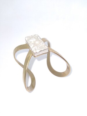 Rustic Cuff  Bracelet Open Cuff wide Gold On Silver Panel Detail Hammered READ 