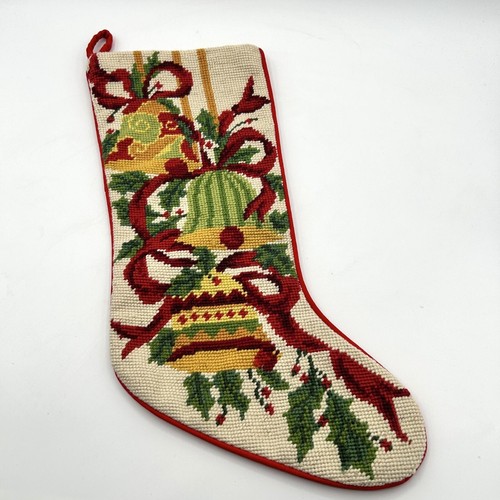 Needlepoint Christmas Stocking Bells Red Ribbons Holly Berries Vintage Holiday