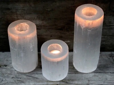 Selenit Kerzenhalter Kristall Zylinder Teelichthalter Weiß Feng Shui Deko - Bild 1 von 4