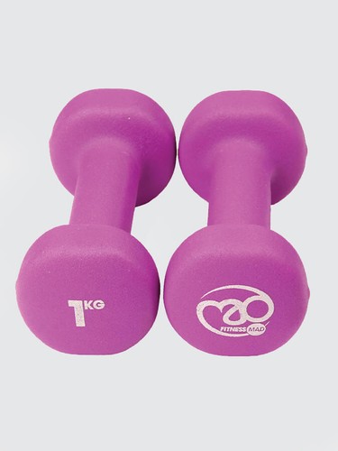 Yoga Mad Coppia Manubri Viola 1Kg Neoprene Fitness Esercizio Pesi Forza - Foto 5 di 6