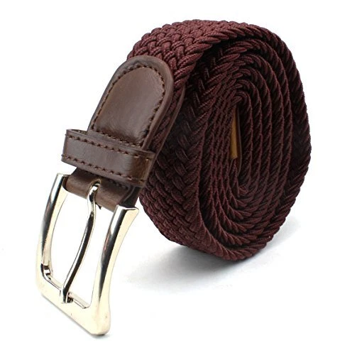 Cinturón elástico trenzado para hombre con extremo inclinado de cuero y hebilla de metal plateado superior Foto 3 de 3