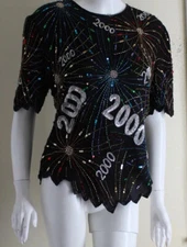Laurence Kazar Sz XL L 2000 Millennium Silk Artsy 2K Vtg Beaded Blouse Shirt Top