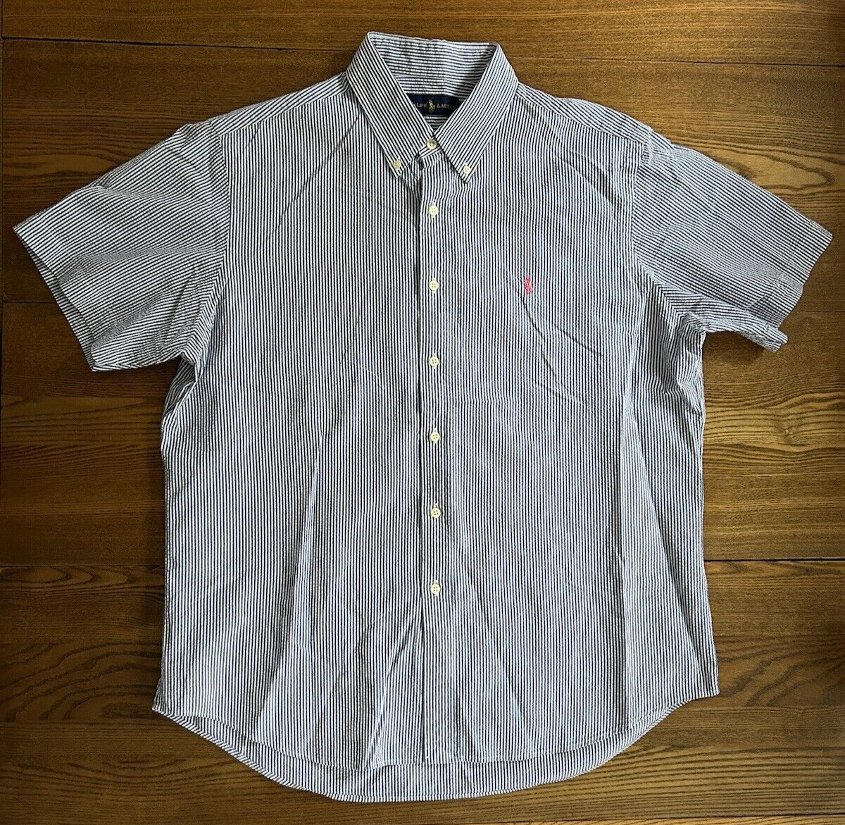 Camicia Ralph Lauren Seersucker uomo XL blu righe rosa pony abbottonata cool