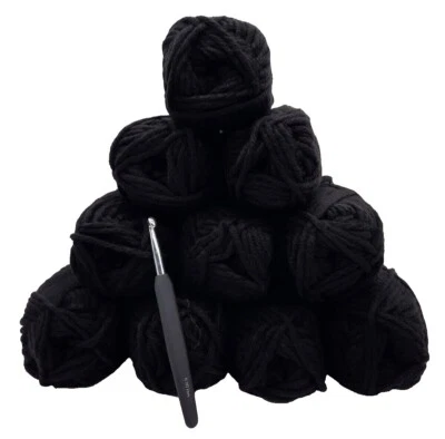 H&W VERTRIEB Häkelgarn Mützenwolle Strickgarn 10x50gr + Häkelnadel 6,0mm - Farbe schwarz