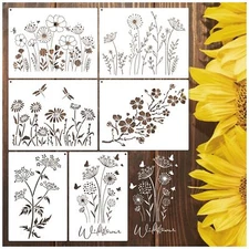 6 Pieces Large Wildflower Stencil for Painting on Wood Reusable Spring Flower...