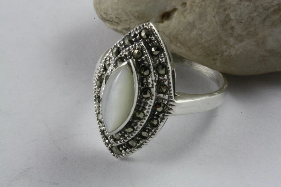 Pietra di Luna Marcasite Donna Anello IN Argento 925 Vero Argento / 404 - Immagine 3 di 4