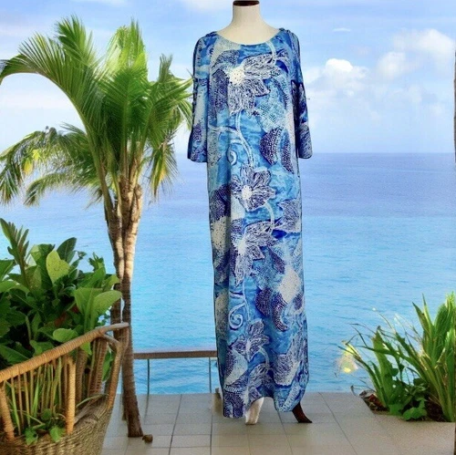 Vintage Kiyomi Hawaii Caftan Maxi Dress Size 10 Blue Island Floral Open Shoulder