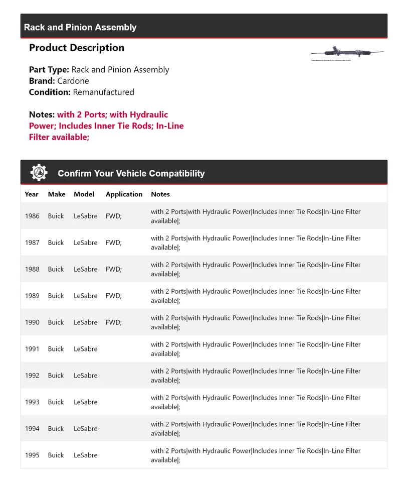 Montaje de piñón y estante Cardone 1987 1988 1989 1990 Buick LeSabre 1986-1995 Foto 2 de 4