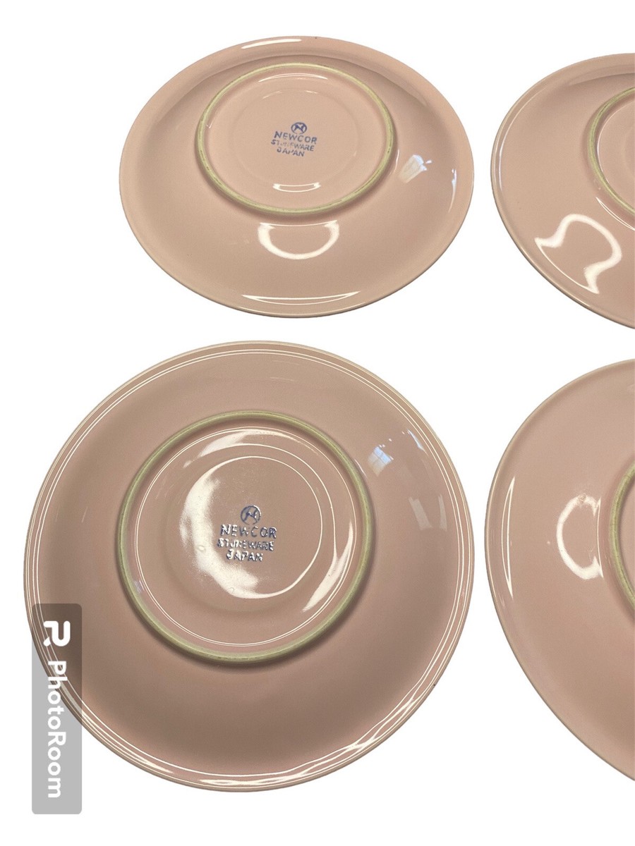 Newcor Pink Coffee Mugs and Plate Set of 4 Stoneware Japan Newcor Pink Coffee Mugs and Plate Set of 4 Stoneware Japan