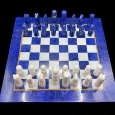  Blue Marble Chess Set Handmade – Lapis Lazuli Stone Inlay, Elegant Deco