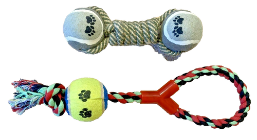 Set of 2 Dog Toys Tennis Ball Bone 8" / Ball Rope Tug Toy 15" Play Toy Chew Toy