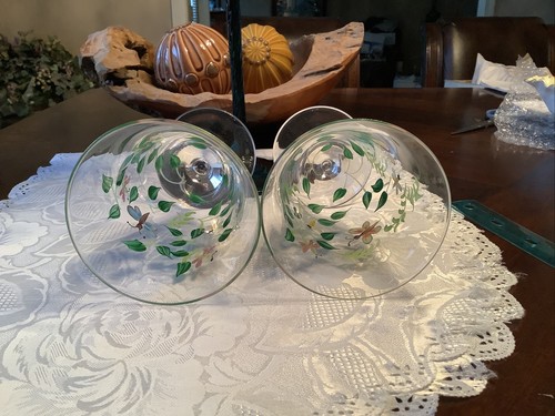 Two Handpainted Butterfly And Foliage Parfait Glasses Goblets - Picture 7 of 8