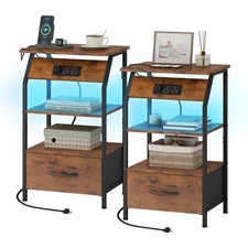 Nightstand with Charging Station LED Light Drawers Shelf Bedroom Side End Table