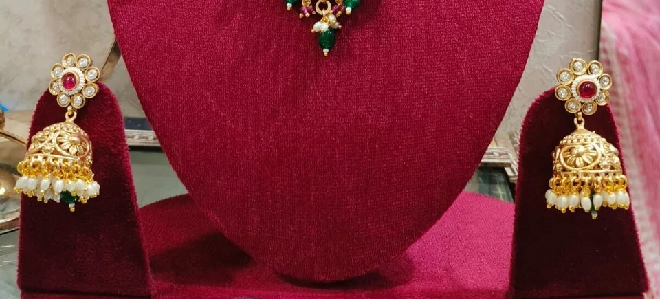 Gargantilla Kundan india Bollywood chapada en oro collar nupcial pendientes conjunto de joyería Foto 3 de 4