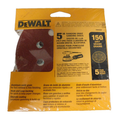 DEWALT DW4304 5Pk 5'' 150 Grit 8 Hole Hook And Loop Sanding Disc