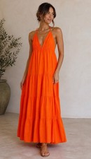 Bold Summer Orange Woven Maxi Smock Dress Tiered V-Neck Sleeveless UK 14 