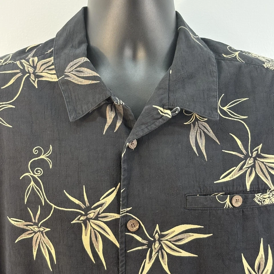 Camisa Columbia Para Hombre Grande Negra Seda Algodón Floral Hawaiana Abotonada Campamento Foto 3 de 4