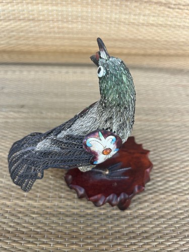 Vintage Chinese Metal Silver Filigree Enamel Cloisonne Bird Figure On Base 5” - Picture 3 of 4