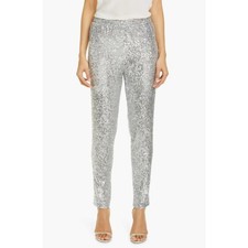 NWT 895 St. John Silver Sequin Fashion Fit Elastic Waist Pants Womens Large