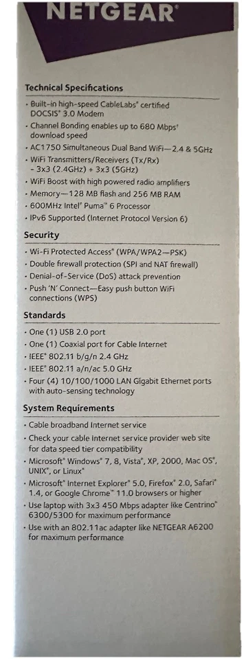 Netgear C6300 AC1750 WiFi Dual Band Cable Modem Gigabit Router Xfinity Spectrum - Image 2 of 4