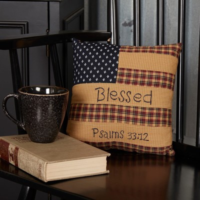 Patriotic Patch Pillow Blessed 10x10 Deep Red/Khaki/Navy Pillow 10x10