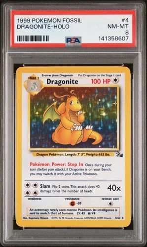 1999 POKEMON FOSSIL #4 DRAGONITE-HOLO PSA 8