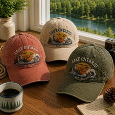 Lake Ontario Embroidered Hat, Vintage Washed Lake Cap, Great Lakes Sunset Hat