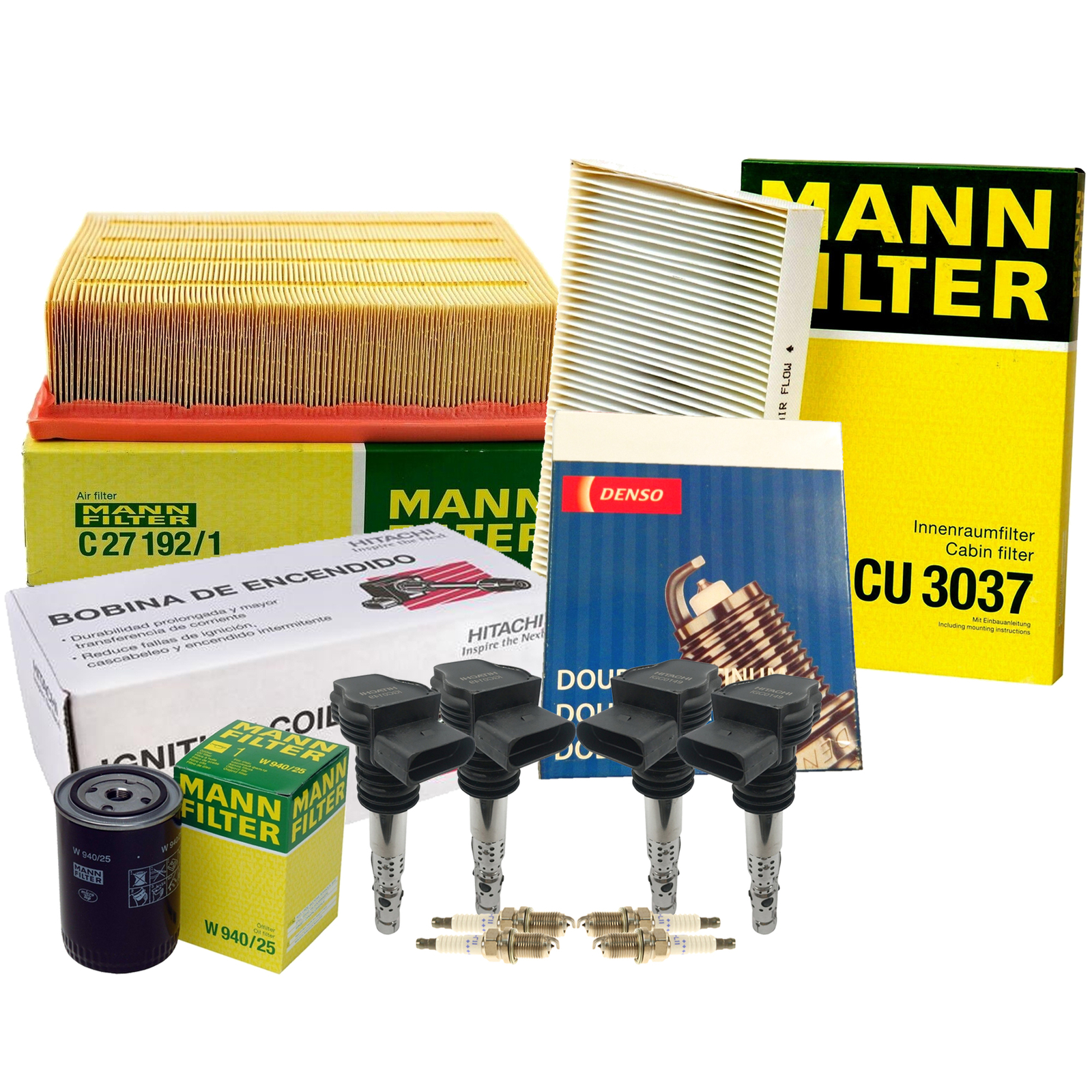 Mann Filter Hitachi 4 Coil Denso 4 DoublePlatinum Spark Plug TuneUp Kit For Audi