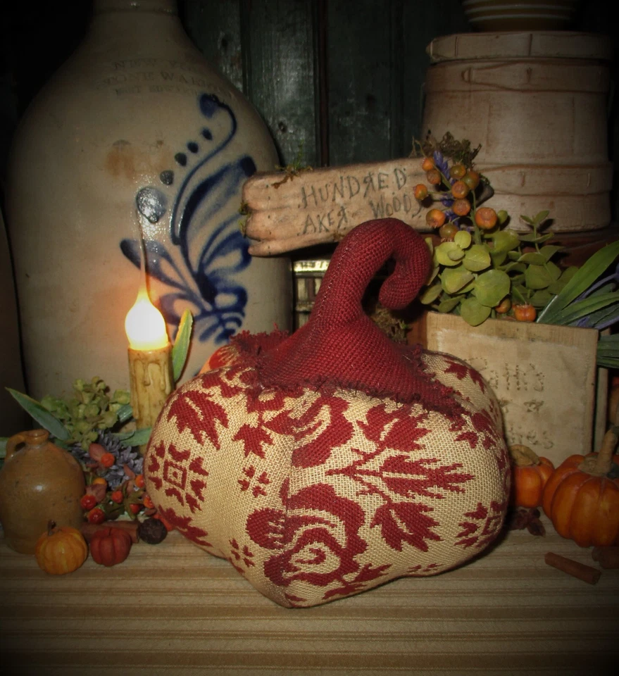 Primitive Antique Vtg Style Retro Holiday Fall Red Cotton Woven COVERLET Pumpkin - Image 4 of 4