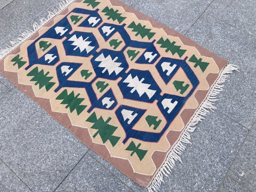 TRIBAL VINTAGE TURKISH WOOL KILIM, HAND-KNOTTED UNIQUE DESIGN 3x4 FT DECORATIVE - Picture 8 of 12