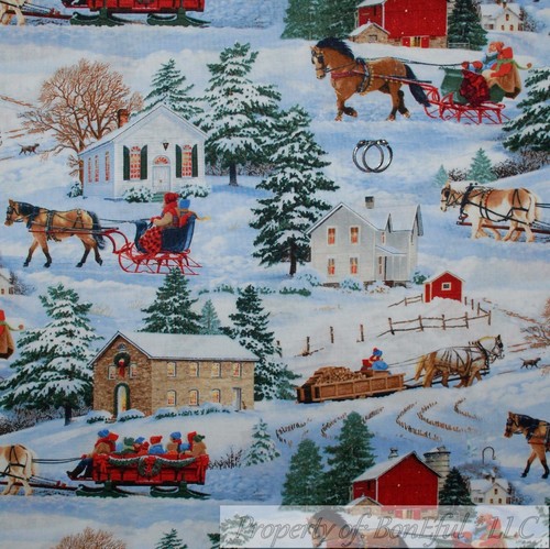 BonEful Fabric FQ Cotton Quilt Xmas Scenic White Snow Sleigh Ride Horse Church L - Picture 1 of 12