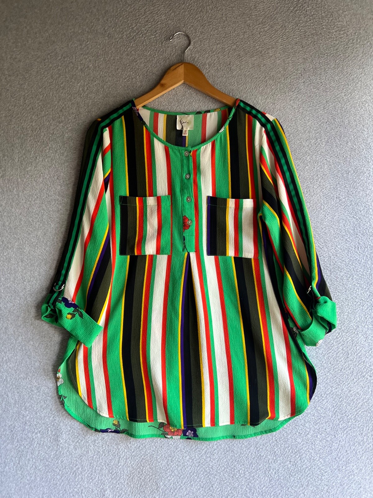 Fig & Floral Striped Blouse Womens Large Whimsical Roll Tab Sleeve