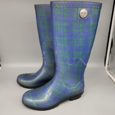 UGG WOMEN'S BLUE AND GREEN PLAID SHAYE PULL ON RAIN BOOTS SIZE