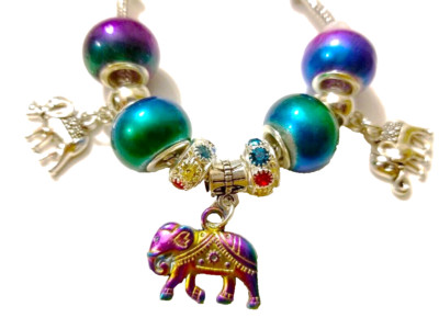 Charm Bracelet Multicolor Elephants Huge Pendant Free Sterling Silver Earrings