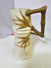 RARE Antique Belleek Bamboo Shaped Pitcher /Jug/Creamer w Raised Gold Leaf - A14
