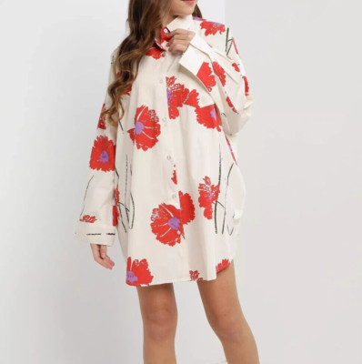 Obey Women's Long Sleeve Poplin Shirt Dress Friday Cream/Floral Size M/L NWT