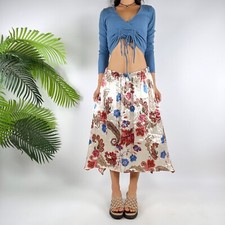 Vintage Floral Paisley Cottagecore Bohemian Fairy Satin Low Rise Midi Skirt / L