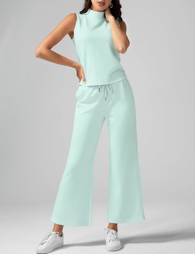 Two Piece Sets Women Summer Lounge Mock Neck Tops Wide Leg Crop Pants Outfits - Picture 32 of 180