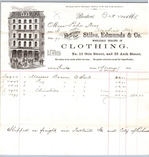 1868 adV billhead STILES EDMUNDS & CO CLOTHING BOSTON MOSCOW BEAVER CHINCHILLA