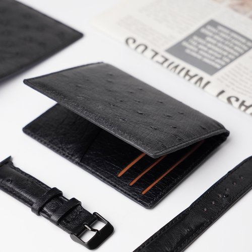 Genuine Black Ostrich Leather Card Holder Real Skin Unisex Slim Wallet Handmade - Picture 7 of 12