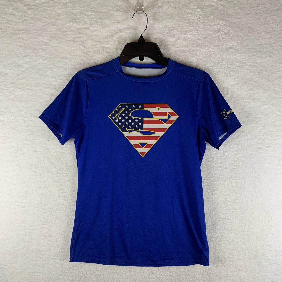 Under Armour Heatgear T-Shirt Boys XL Blue Compression Superman USA Fitted  6508