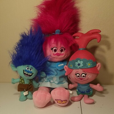 TROLLS Dreamworks Plush Doll ''B.A.B. POPPY'', T.F. BRANCH  & W. T. Poppy. Lot of3