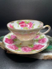 Vintage JAPAN RIVIERA Pink Cabbage ROSES Brushed Gold Gilding Tea Cup & Saucer 