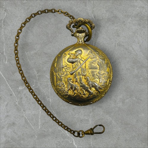 Andre Rivalle 17 Jewels Pocket Watch Fox Hunting Gold Tone w/ Fob Chain Videođź‘€ - Picture 4 of 16