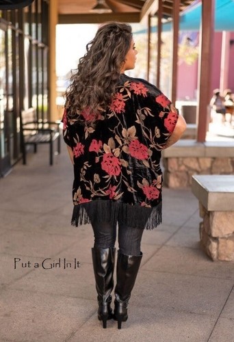 PLUS SIZE Womens BLACK FLORAL VELVET KIMONO CARDIGAN WRAP FRINGE ONE SIZE 1 2 3X - Picture 5 of 8