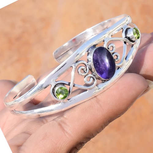 Amethyst & Peridot Cut Gemstone 925 Sterling Silver Cuff New Collection Bangle - Picture 2 of 7
