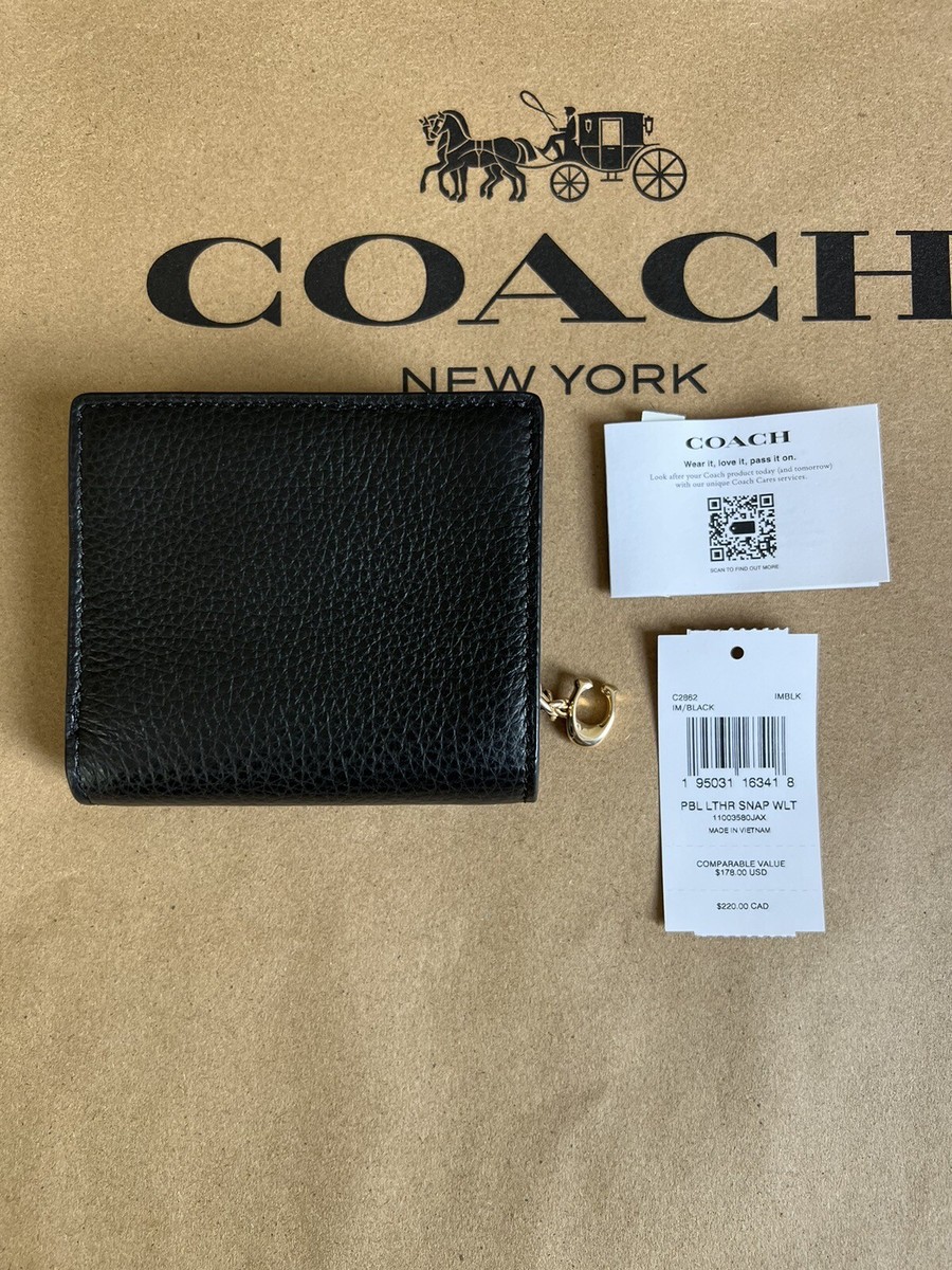 【即発】コーチ PBL LTHR SNAP WLT C2862 IMBLK NWT Coach C2862 Pebble Leather Snap Wallet Black IMBLK