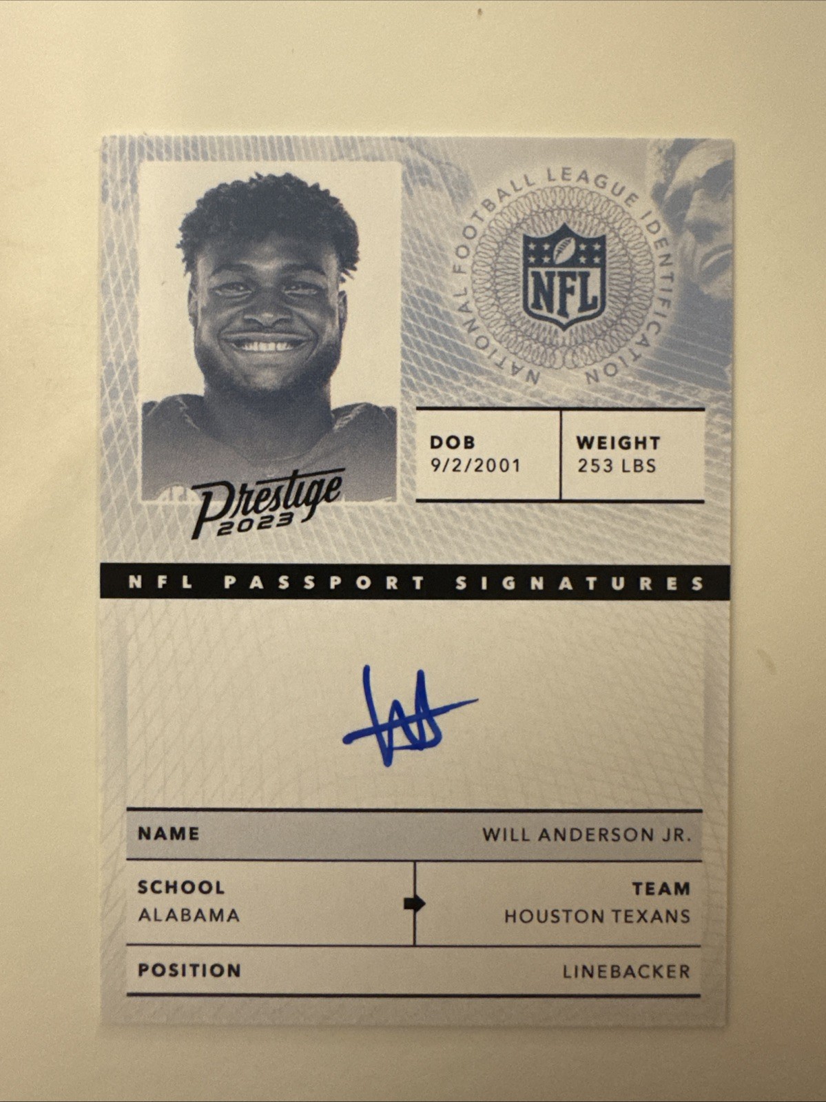 2023 Panini Prestige Passport Signatures RC Auto #NPS-WA WILL ANDERSON JR Texans