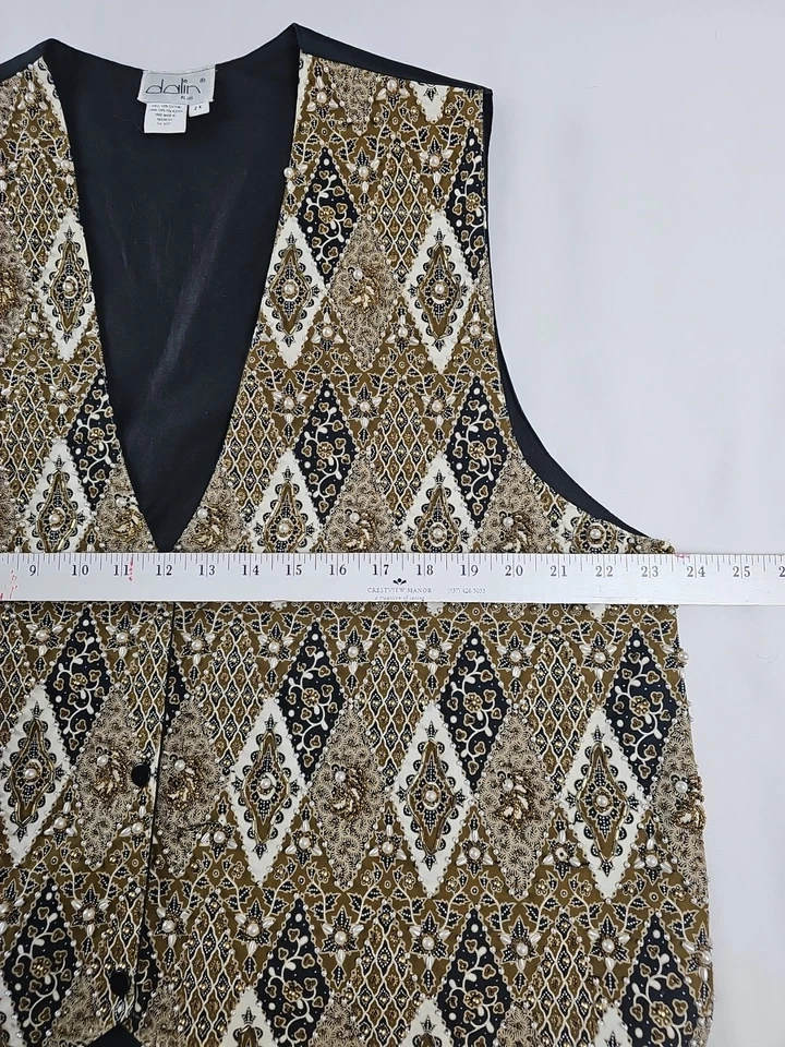 Vtg Dalin Plus Beaded Pearl Vest Diamond Pattern Gold Black Olive Size 2X - Image 2 of 4