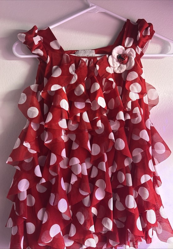 Rare Editions ~Girls~6X~Red White Polka Dot Ruffle Dress ~Ladybug Flower Spring